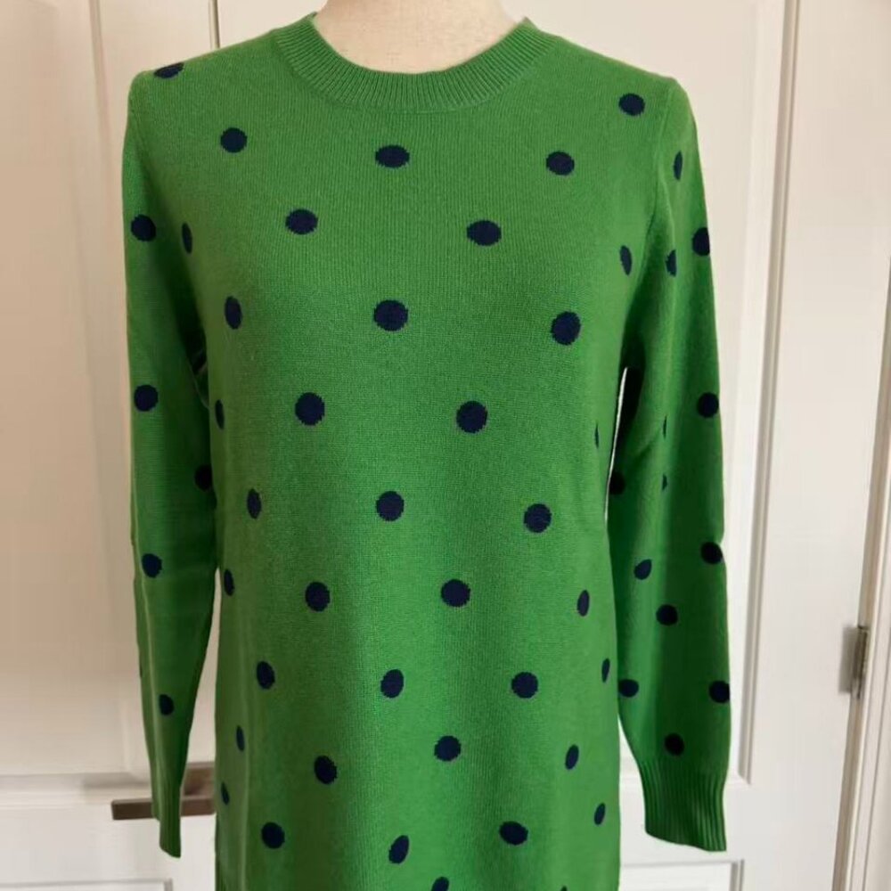 J. Crew Green with blue polka dots cashmere sweater, Sz M